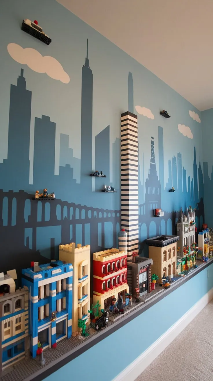 A breathtaking lego playroom wall, this city theme playroom feature is more than just lego wall decor; it's an immersive world of imagination.  Perfect for a kids playroom wall, this colorful playroom inspiration showcases creative playroom wall ideas and makes a fantastic accent playroom wall for any boy's room with its engaging lego theme.