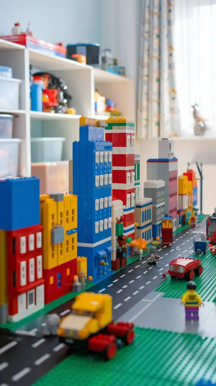 This accent playroom wall transforms a kids playroom wall into a vibrant city theme playroom.  The lego playroom wall, a masterpiece of lego wall decor, offers endless imaginative play.  It's the perfect wall art for kids, brimming with colorful playroom inspiration and showcasing brilliant playroom wall ideas. This boys room lego theme is pure creative genius.