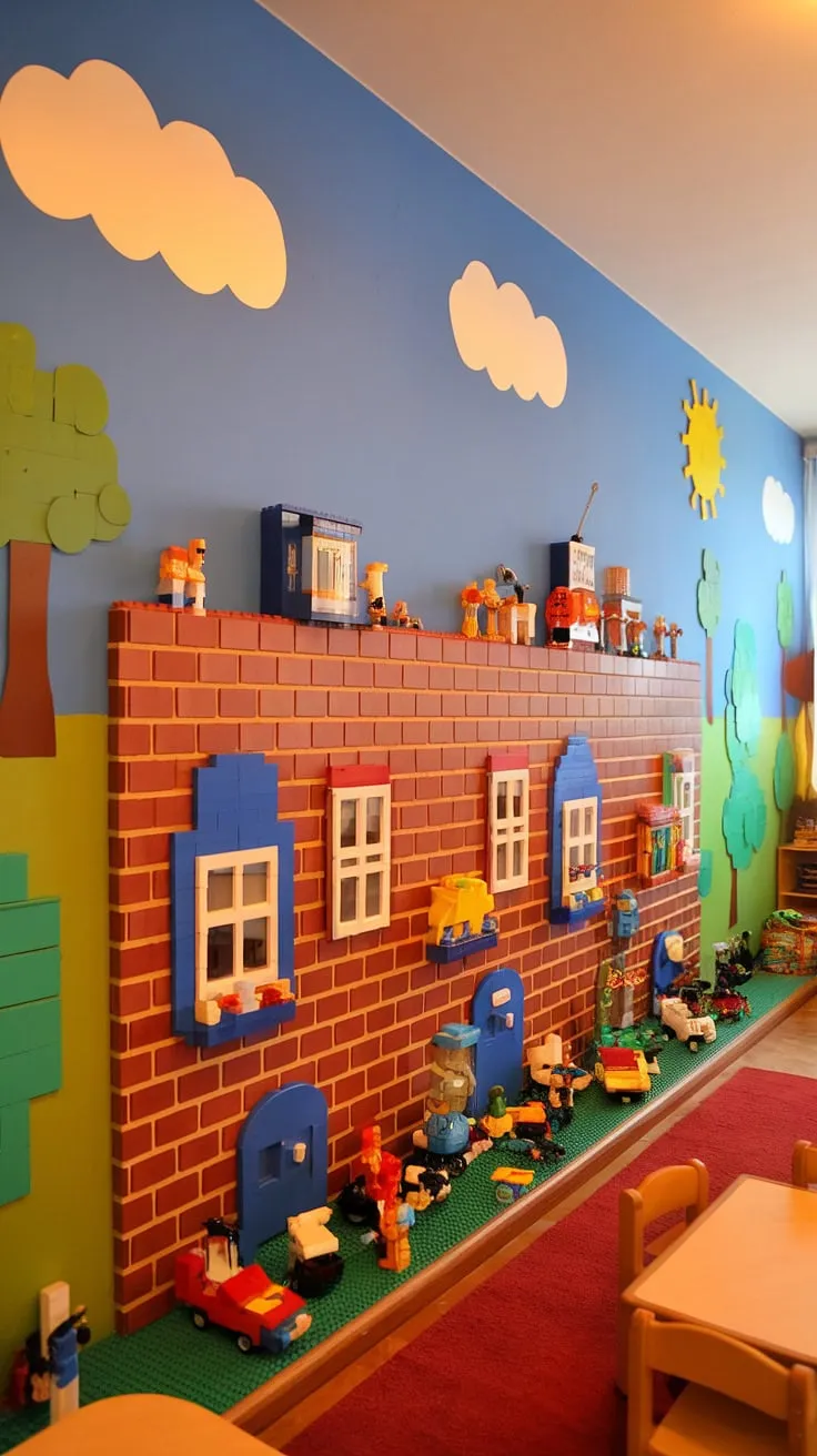 Unleash your child's imagination with this incredible LEGO playroom wall! This kids playroom wall, featuring a city theme, is more than just wall art for kids; it's a dynamic, interactive landscape.  The colorful playroom inspiration is undeniable, making it a perfect example of playroom wall ideas and a stunning addition to any boys room LEGO theme.  It's the ultimate LEGO wall decor and a truly unique accent playroom wall.
