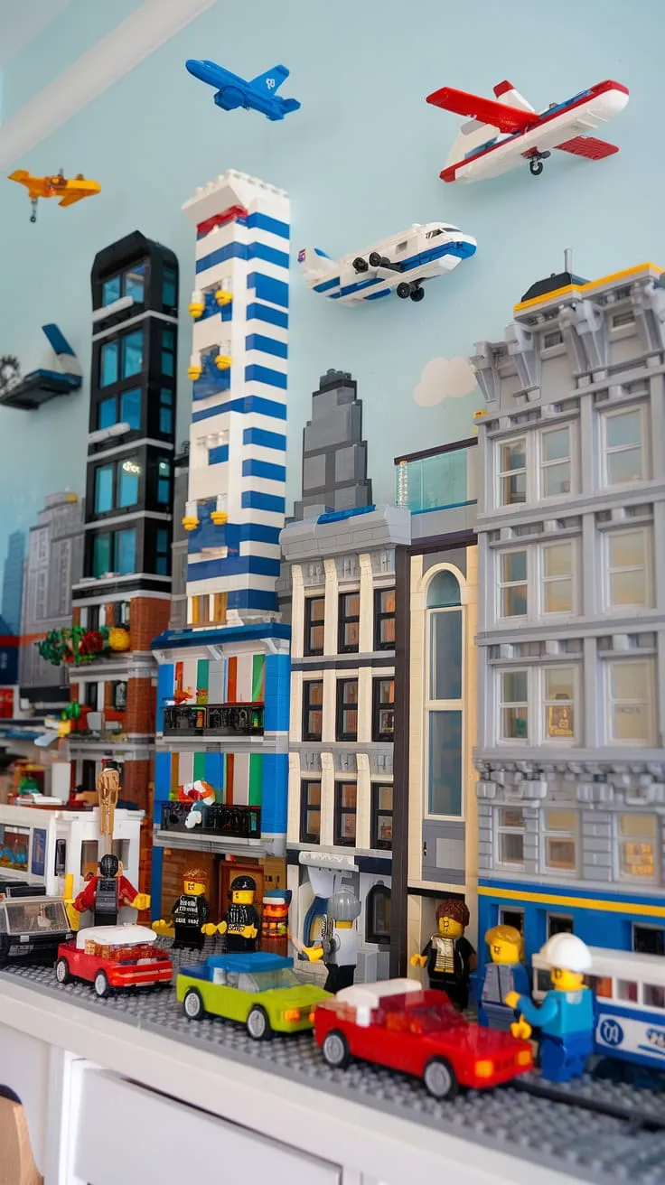 This accent playroom wall transforms a simple kids playroom wall into a vibrant city theme playroom.  The Lego playroom wall, bursting with Lego wall decor, showcases incredible Lego wall art for kids, featuring everything from skyscrapers to bustling streets.  A perfect boys room Lego theme, this colorful playroom inspiration offers endless playroom wall ideas.