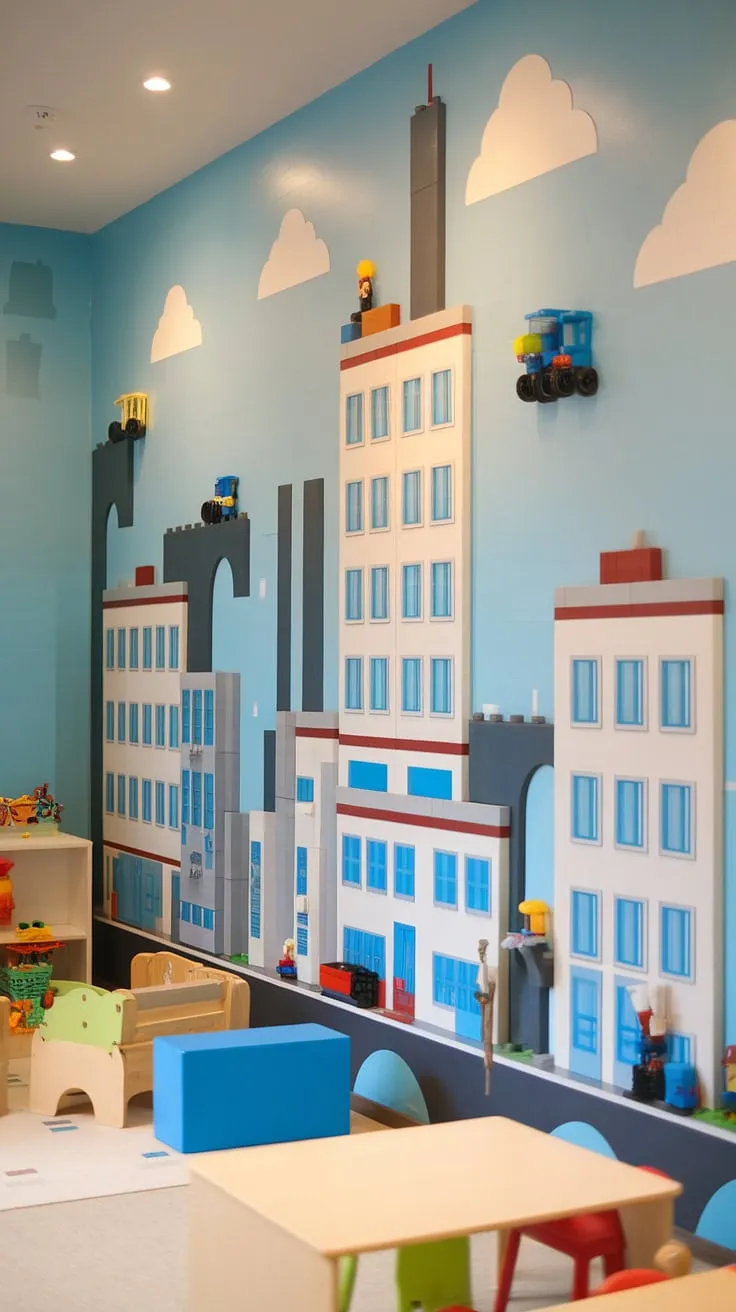 Unleash your child's imagination with this stunning lego playroom wall! This city theme playroom boasts a unique kids playroom wall design, using lego wall decor to create a captivating cityscape.  A perfect blend of playroom wall ideas and colorful playroom inspiration, it's ideal for a boys room lego theme and serves as a fantastic accent playroom wall.