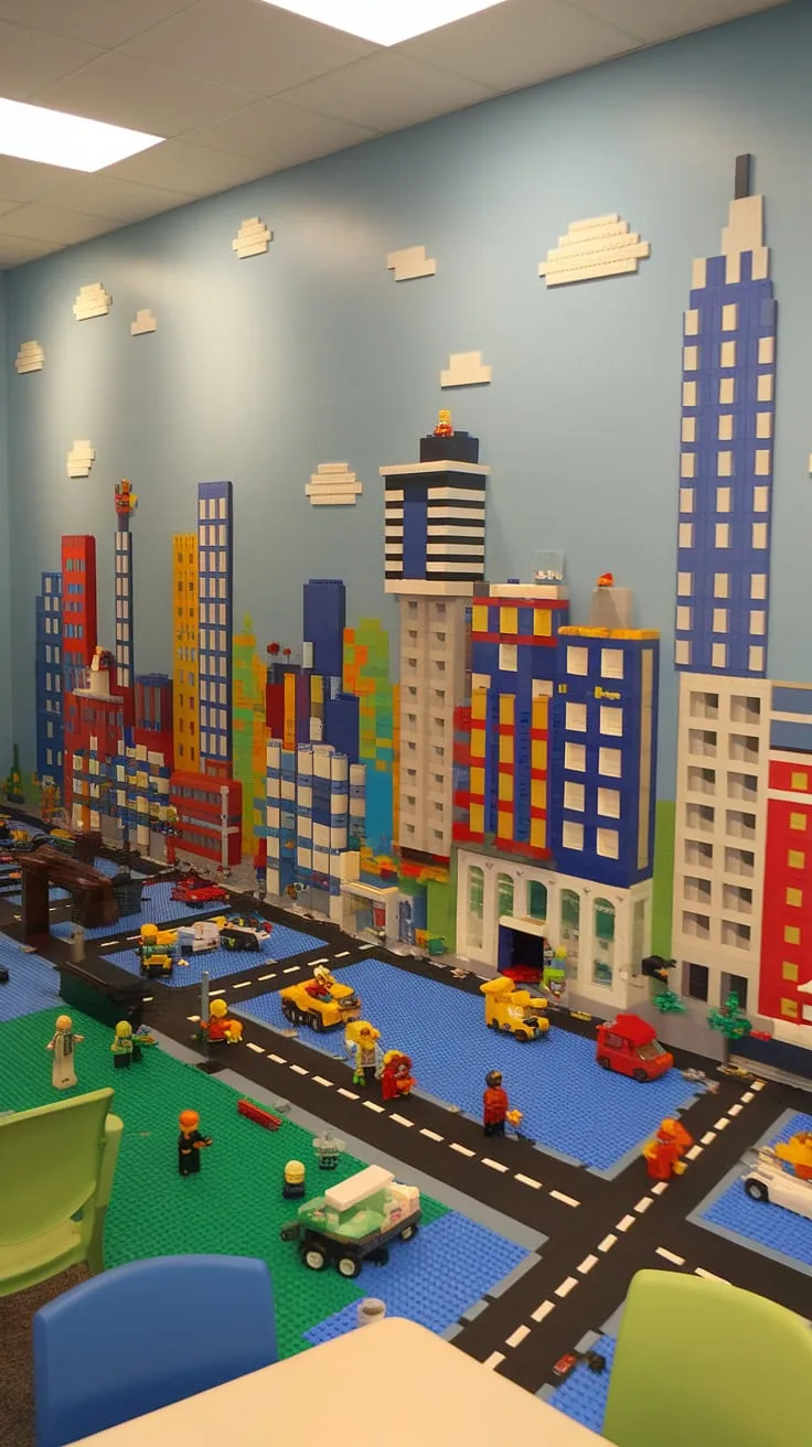 Unleash your child's imagination with this incredible lego city theme playroom.  This kids playroom wall, featuring a breathtaking lego playroom wall, is the ultimate in wall art for kids.  The vibrant colors and intricate details make it a standout example of playroom wall ideas and colorful playroom inspiration, perfect for a boys room lego theme.  A truly unique accent playroom wall.