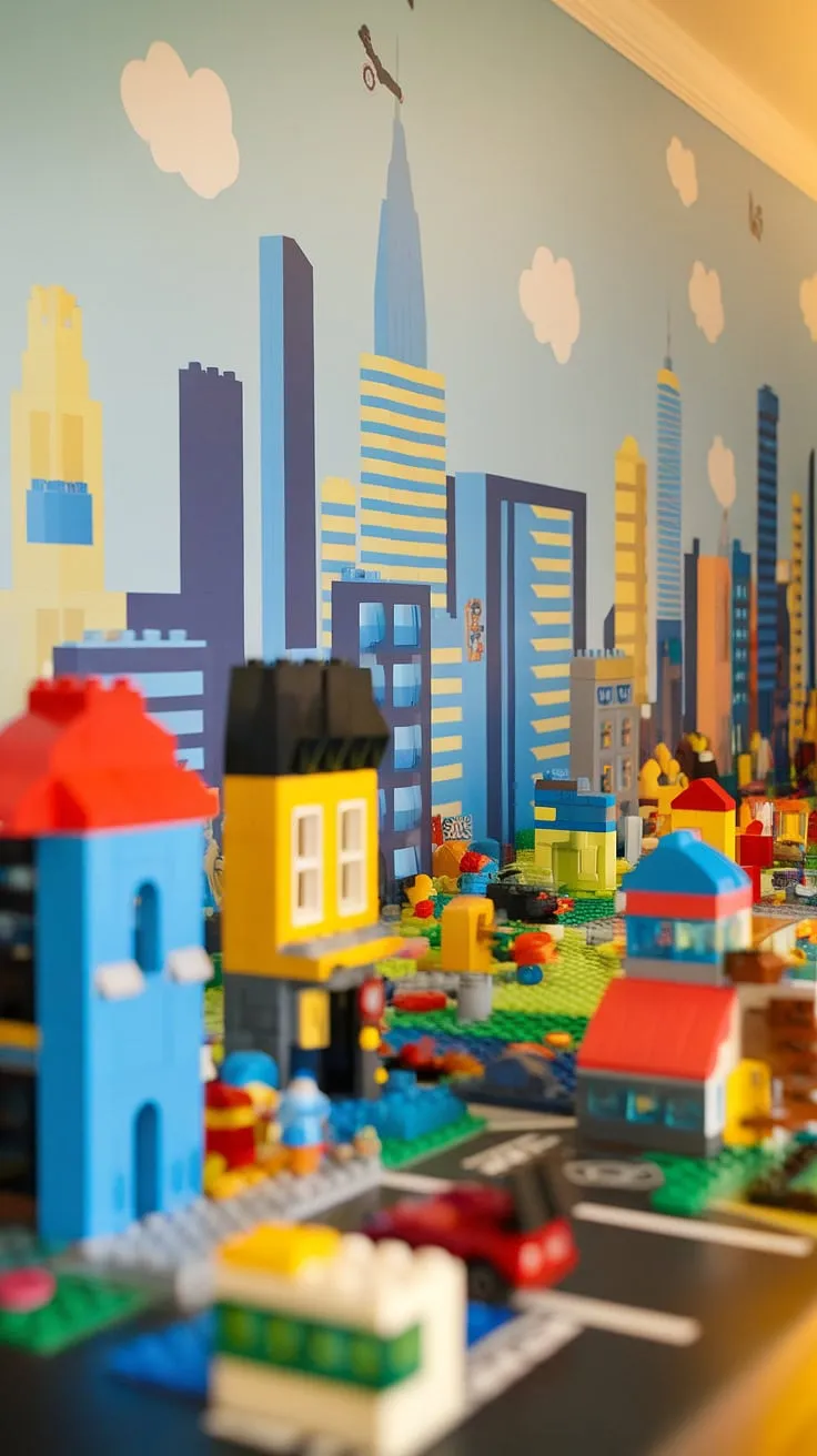 This Lego playroom wall is the ultimate city theme playroom dream!  The warm golden light enhances the Lego buildings, figures, and vehicles, creating a truly immersive experience.  Perfect playroom wall ideas for a kids playroom wall, this Lego wall decor is both functional and stunning, offering colorful playroom inspiration for any boy's room.