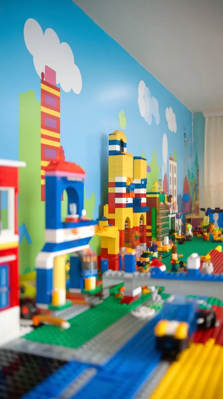 This vibrant city theme playroom, featuring a stunning LEGO playroom wall, is pure colorful playroom inspiration.  The accent playroom wall, bursting with LEGO buildings, vehicles, and tiny figures, offers endless play possibilities and serves as unique wall art for kids.  Perfect playroom wall ideas for a boys room LEGO theme, transforming a kids playroom wall into a captivating cityscape.