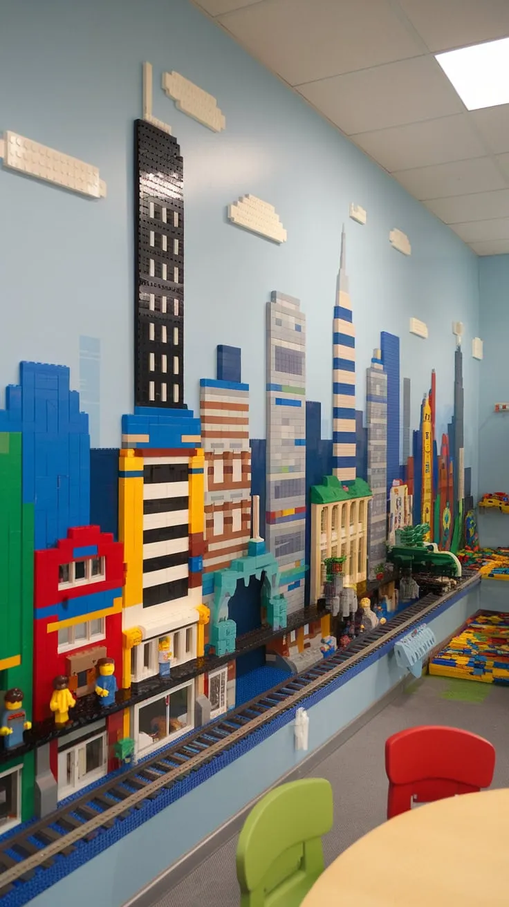 Imagine the possibilities! This lego playroom wall is more than just wall art for kids; it's a vibrant city theme playroom brought to life.  A stunning accent playroom wall, this LEGO creation is bursting with colorful playroom inspiration, perfect for a boys room lego theme.  Consider this your ultimate guide to playroom wall ideas, transforming any kids playroom wall into an interactive adventure.
