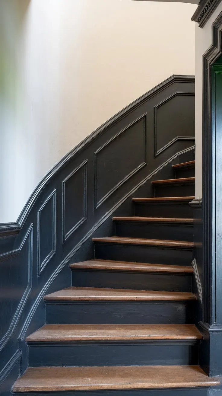 Dramatic and sophisticated, this black staircase wall is a showstopper. The clever use of black wainscoting staircase and wood wall stairs, accented by molding on stairway wall, makes this wall feature staircase a true statement piece. Explore these stairwell design ideas for your own staircase walls makeover.