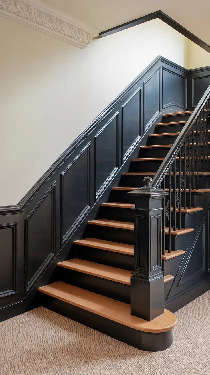 Stairwell design ideas don't get much better than this. The black wainscoting staircase, reaching to the ceiling with its intricate molding on stairway wall, is a showstopper. A perfect example of wainscoting ideas stairway and a staircase walls makeover.
