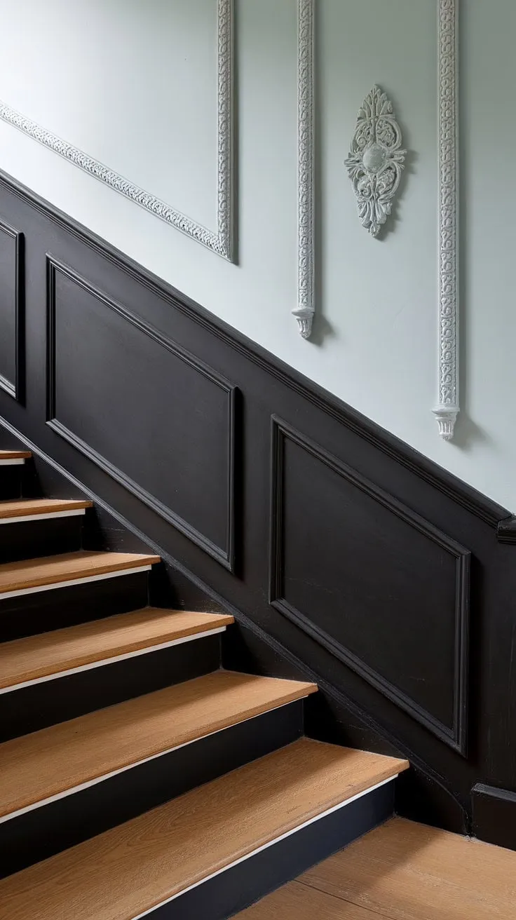 This stunning stairwell design showcases a dramatic black wainscoting staircase, a true wall feature staircase. The black wainscoting, extending elegantly from the floor up the accent stair wall, is complemented by crisp white walls and intricate molding on the stairway wall, creating a sophisticated wainscoting ideas stairway. The light blue wall behind the wood wall stairs adds a calming contrast, offering inspiration for your own staircase walls makeover.