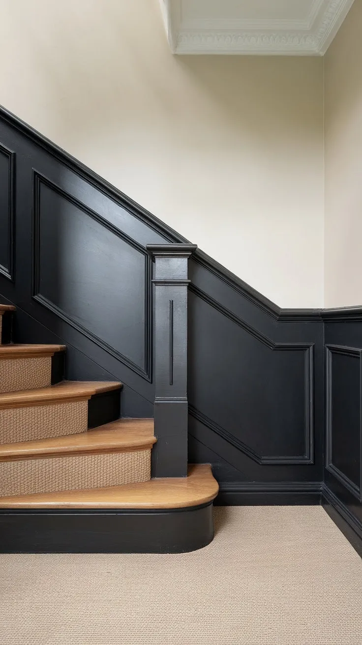 This stunning stairwell boasts a dramatic black wainscoting accent wall, a show-stopping wall feature staircase that elevates the entire space. The wood wall stairs and beige carpet create a warm contrast against the sophisticated black wainscoting staircase. Note the elegant molding on stairway wall, a perfect example of wainscoting ideas stairway for those seeking stairwell design ideas and a staircase walls makeover.