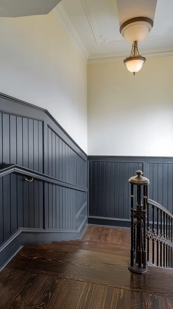A dramatic accent stair wall elevates this space with its black wainscoting staircase, wood paneling, and intricate iron railing. This wall feature staircase showcases stunning wainscoting ideas stairway and offers inspiring stairwell design ideas.