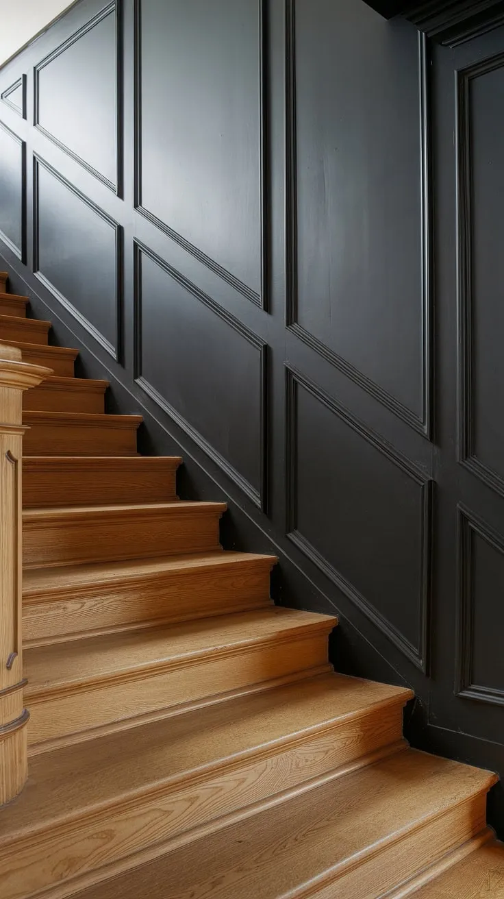 Sunlight streams into this bright stairwell, illuminating the rich tones of the wood wall stairs and the dramatic contrast of the black wainscoting staircase. The molding on the stairway wall adds a touch of elegance to this stunning stairwell design ideas, showcasing clever wainscoting ideas stairway and a beautiful accent stair wall.