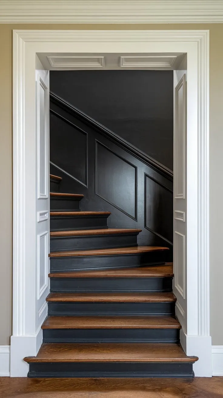 A black staircase wall transforms this stairwell. The accent stair wall, featuring a wood wall stairs design with black wainscoting staircase and crisp white molding on the stairway wall, offers sophisticated stairwell design ideas. This wall feature staircase is a perfect example of wainscoting ideas stairway.