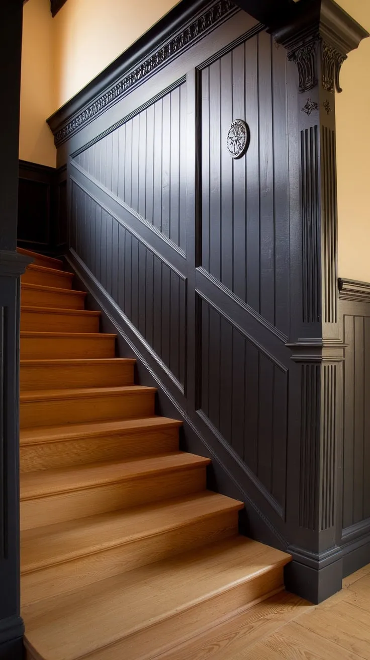 Warmth and elegance combine in this stairwell, showcasing a stunning black wainscoting accent stair wall. The rich wood wall stairs ascend gracefully, complemented by the sophisticated molding on the stairway wall, creating a truly captivating wall feature staircase. This wainscoting ideas stairway demonstrates a perfect blend of style and functionality, offering inspiration for stairwell design ideas and staircase walls makeovers. The black staircase wall adds a dramatic touch, making it a show-stopping element in any home.