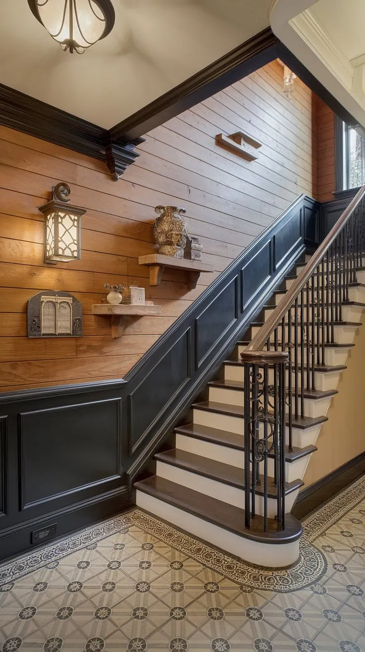 A wall feature staircase transformed! This wood wall stairs design is elevated by the striking black wainscoting staircase and its sophisticated wainscoting ideas stairway. The accent stair wall is beautifully detailed with molding, shelves, and lighting, making it a true statement piece. This staircase walls makeover is a testament to the power of thoughtful stairwell design ideas and demonstrates how a black staircase wall can dramatically enhance a space.