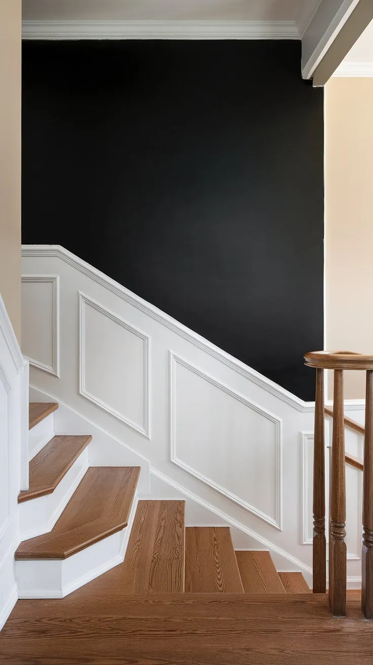 A dramatic transformation! This staircase walls makeover features a striking black staircase wall, a perfect example of how to use an accent stair wall to elevate your home.  The wood wall stairs and intricate molding on stairway wall, combined with the clever use of wainscoting ideas stairway, create a breathtaking wall feature staircase.  Explore these stairwell design ideas for your own home.