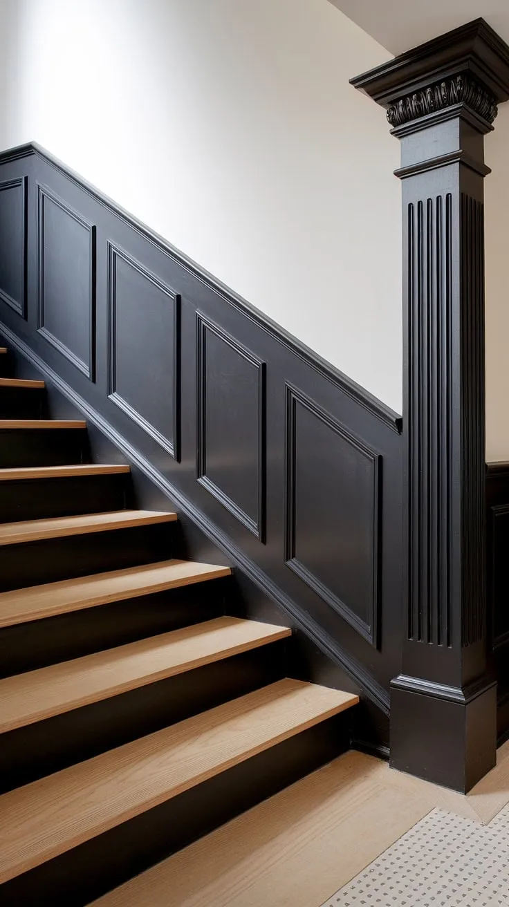 A wall feature staircase transformed! Black wainscoting staircase creates a striking black staircase wall, showcasing clever wainscoting ideas stairway and molding on stairway wall. The result? Exceptional stairwell design ideas and a truly unique accent stair wall.