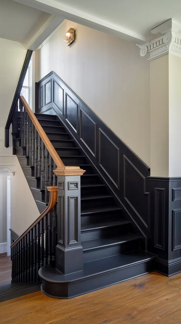 Dramatic elegance meets modern design in this stairwell, showcasing a stunning accent stair wall. The black wainscoting staircase, complete with wood railing, and the intricate molding on the stairway wall create a show-stopping wall feature staircase. This stairwell design ideas masterpiece is a testament to creative wainscoting ideas stairway and staircase walls makeover.