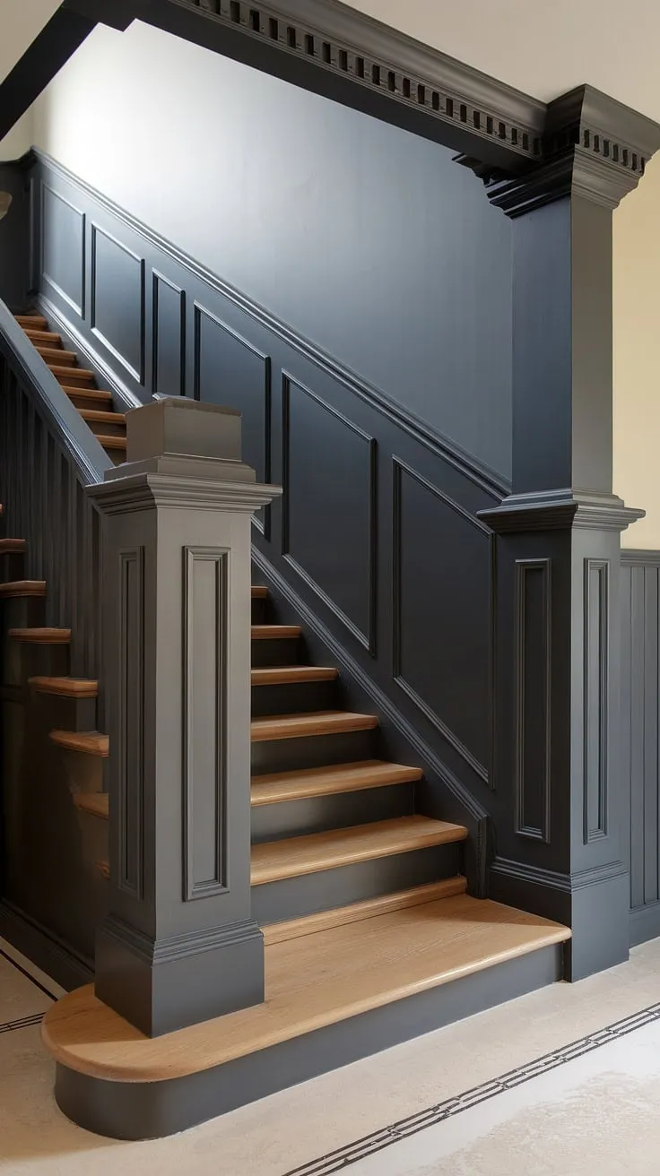 This elegant stairwell boasts a stunning wall feature staircase, showcasing black wainscoting staircase that extends to the ceiling, finished with intricate molding on stairway wall. The dark gray accent stair wall above complements the wood wall stairs and light patterned floor, offering a modern and sophisticated stairwell design ideas. This is a perfect example of wainscoting ideas stairway for a staircase walls makeover.