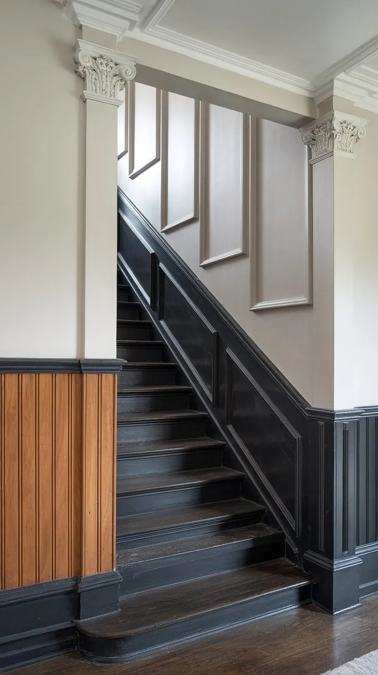 Dramatic elegance defined: This accent stair wall, featuring black wainscoting staircase and rich wood paneling, transforms a simple stairwell into a stunning wall feature staircase. Stairwell design ideas don't get much more captivating.