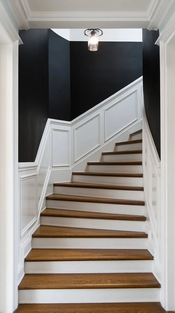 This stairwell's makeover is all about the details: molding on stairway wall creates a captivating black wainscoting staircase, a show-stopping accent stair wall. The wood wall stairs and white ceiling beautifully complement this unique wall feature staircase, providing endless stairwell design ideas.