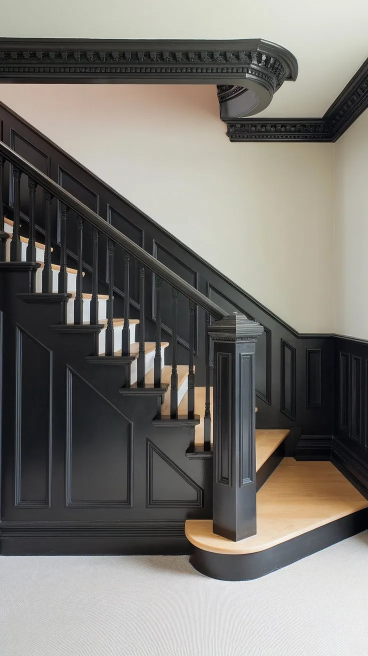 This black staircase wall is a showstopper! The accent stair wall, featuring black wainscoting staircase and elegant molding on the stairway wall, offers endless stairwell design ideas. This wood wall stairs design is the perfect example of wainscoting ideas stairway, creating a sophisticated staircase walls makeover.