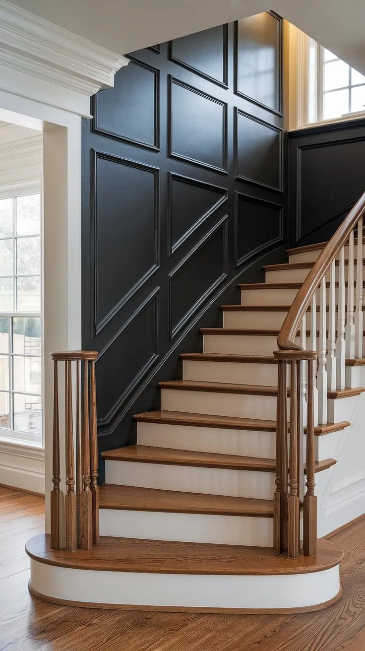 The wood wall stairs ascend dramatically against a backdrop of a black wainscoting staircase. This accent stair wall, complete with chair rail and crown molding, offers a striking example of wainscoting ideas stairway. The black staircase wall is a bold statement, showcasing sophisticated stairwell design ideas and a truly impressive staircase walls makeover. The careful attention to detail, including the molding on the stairway wall, elevates this space.
