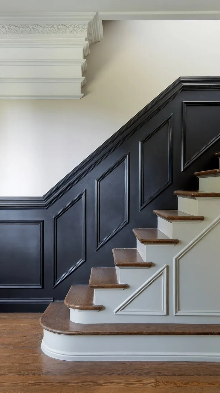 Elevate your stairwell with this stunning accent stair wall. The black wainscoting staircase, complete with molding on stairway wall, creates a dramatic contrast against the light grey feature wall, showcasing clever wainscoting ideas stairway and transforming this wood wall stairs into a true statement piece. This stairwell design ideas masterpiece is a perfect example of a staircase walls makeover.
