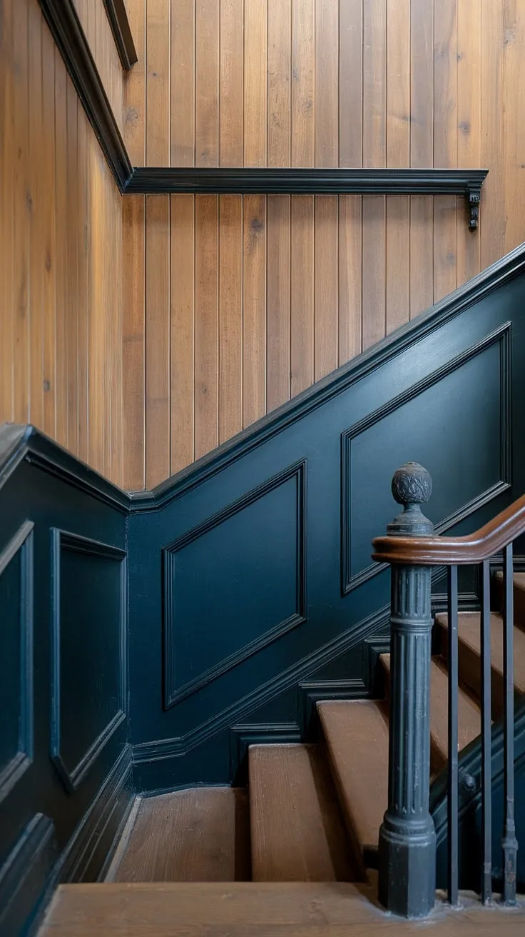 This stunning wall feature staircase, a masterpiece of stairwell design ideas, showcases the elegance of wood wall stairs and black wainscoting staircase.  The molding on the stairway wall adds a touch of classic sophistication, while the accent stair wall elevates the entire space.  A perfect example of staircase walls makeover.