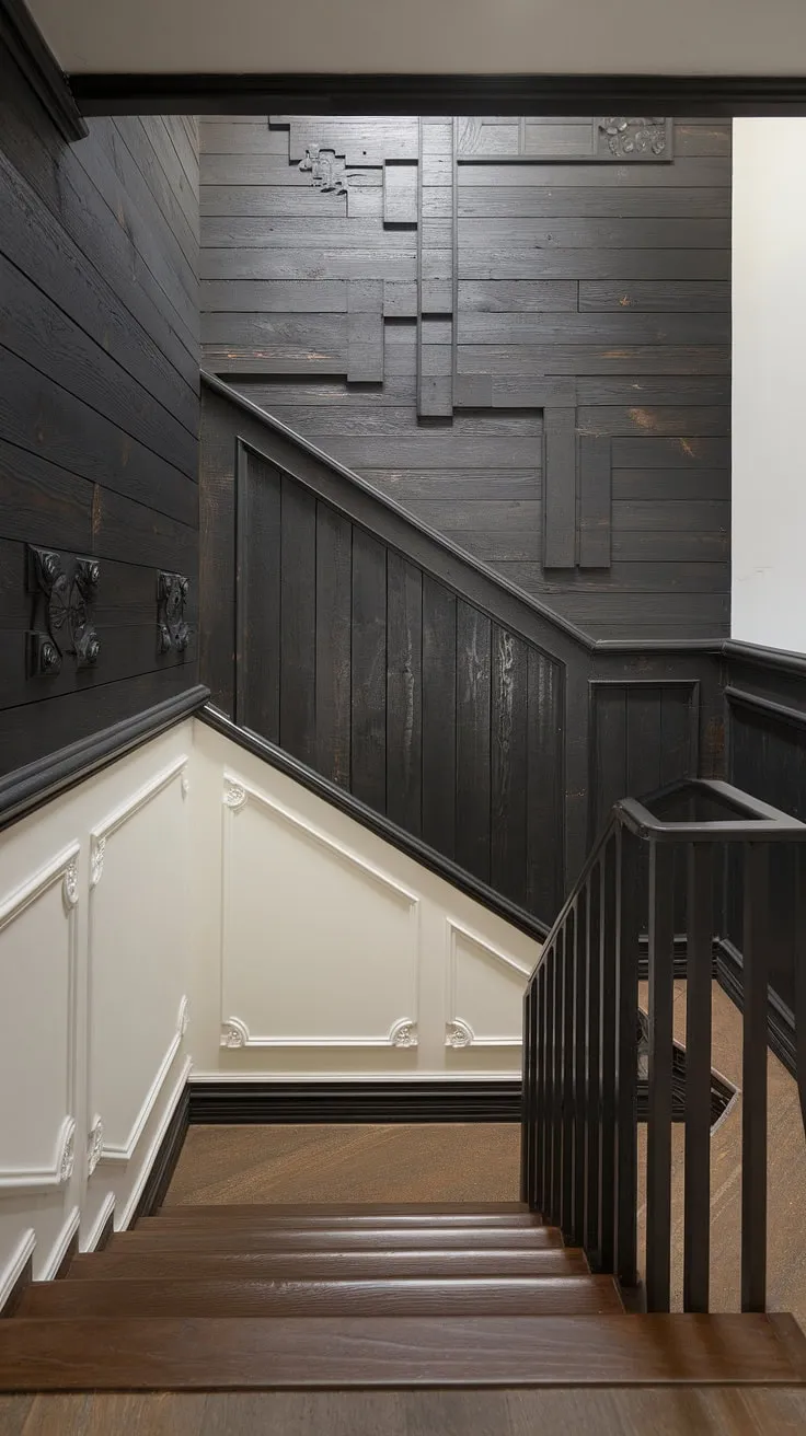 A captivating wall feature staircase takes center stage in this modern home.  The wood wall stairs are beautifully framed by a black staircase wall, featuring intricate wainscoting and elegant molding on the stairway wall. This staircase walls makeover is a masterclass in stairwell design ideas, demonstrating the power of a black wainscoting staircase to elevate any space.