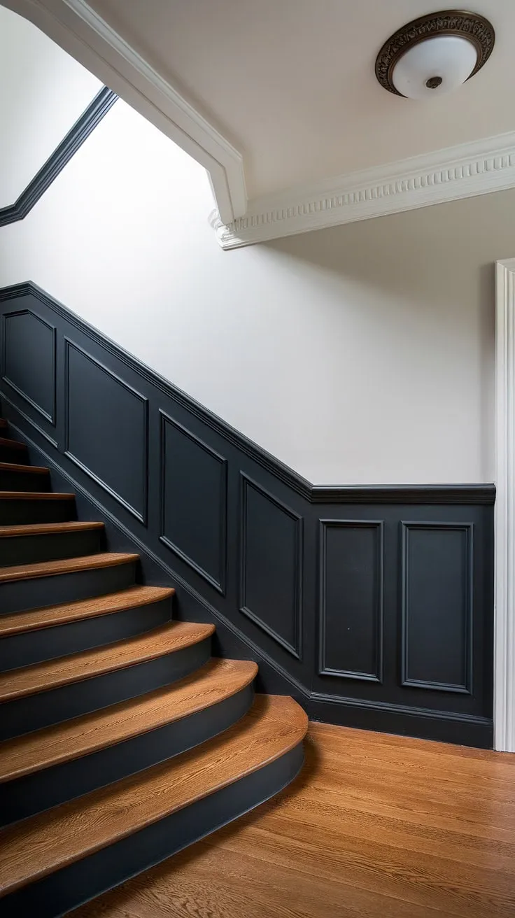 This stunning stairwell boasts a dramatic black wainscoting accent wall, a striking wall feature staircase that elevates the entire space. The rich wood wall stairs and molding on stairway wall add warmth, while the white paint above the wainscoting brightens the high ceiling. This is a perfect example of wainscoting ideas stairway and stairwell design ideas, showcasing a black staircase wall that's both elegant and modern. A true staircase walls makeover.