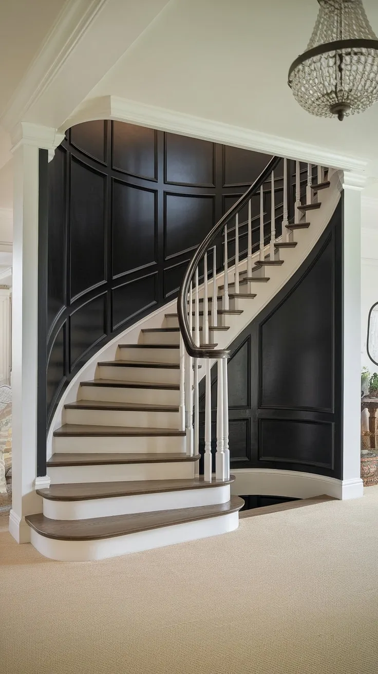 Stairwell design ideas don't get much more captivating. The black staircase wall, a showcase of wainscoting ideas stairway, elevates this space. A staircase walls makeover that's both bold and refined, featuring molding on stairway wall.