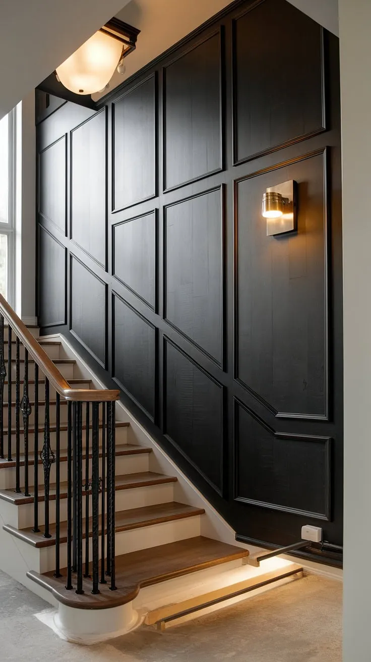 This accent stair wall transforms the ordinary into extraordinary. The black wainscoting staircase, a stunning example of wainscoting ideas stairway, elevates this stairwell design ideas with its rich wood and modern metal. A perfect staircase walls makeover.