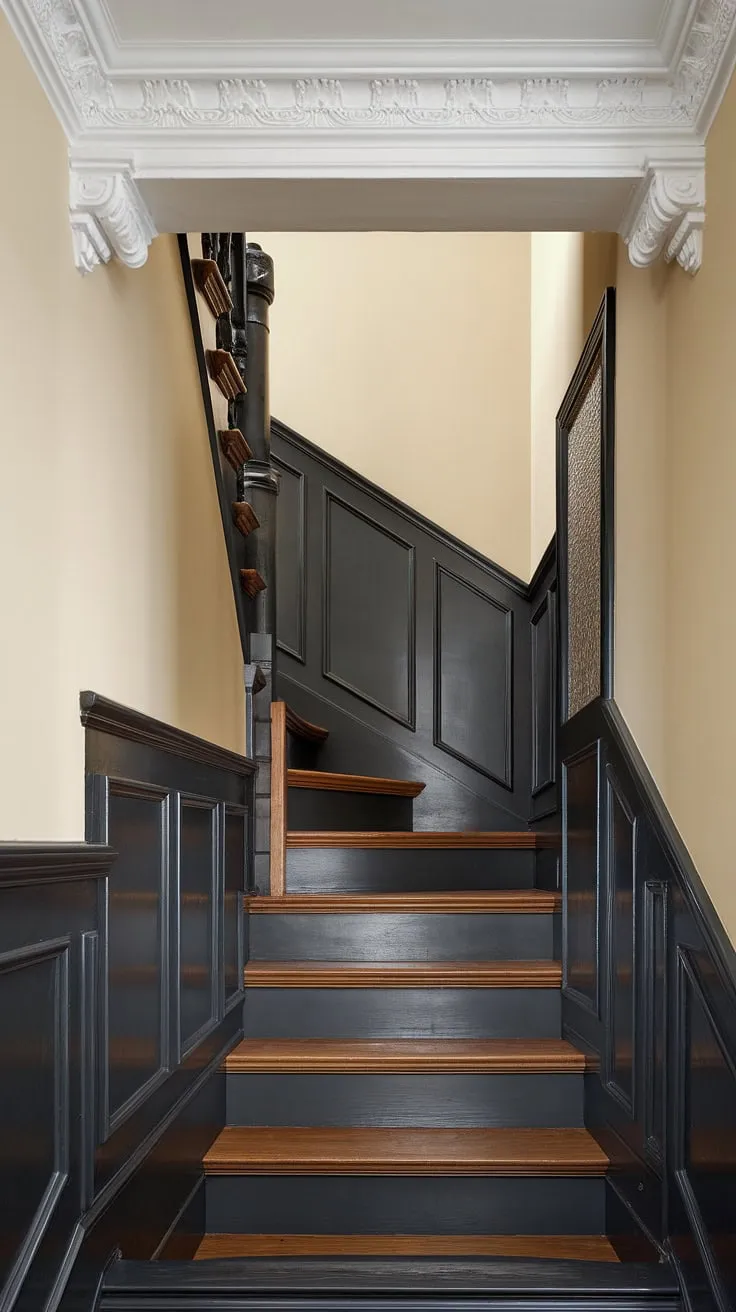 A dramatic black staircase wall transforms this stairwell. The clever use of an accent stair wall, detailed molding on the stairway wall, and wood wall stairs makes this wainscoting ideas stairway a true showstopper. This stairwell design ideas is the perfect example of a sophisticated staircase walls makeover.