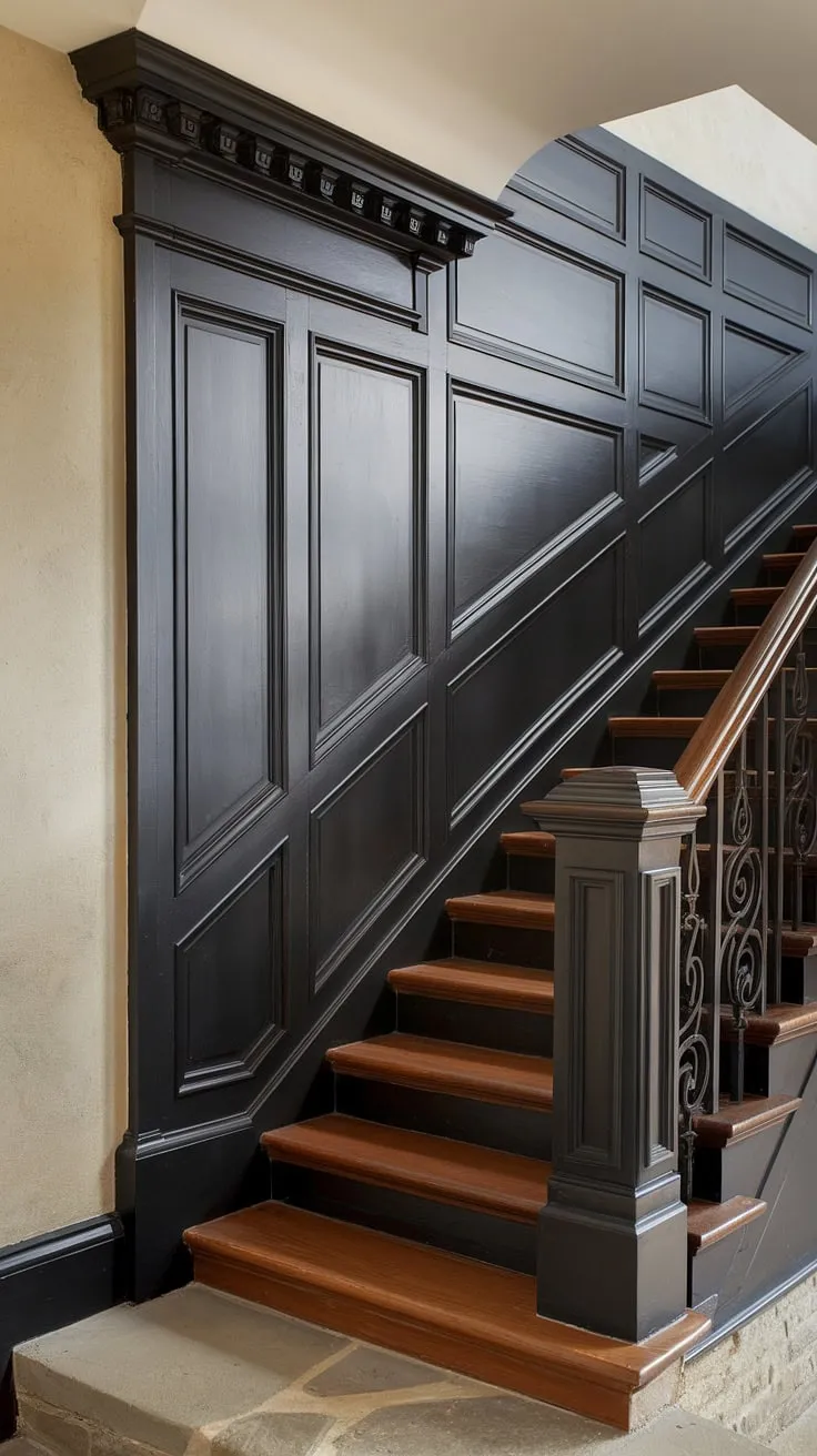 A wall feature staircase doesn't get more impressive than this. The black staircase wall, clad in rich black wainscoting, is a showstopper.  Notice the intricate detail—from the molding on the stairway wall to the wood wall stairs and stone flooring.  This is the ultimate in stairwell design ideas, showcasing the best in black wainscoting staircase designs.