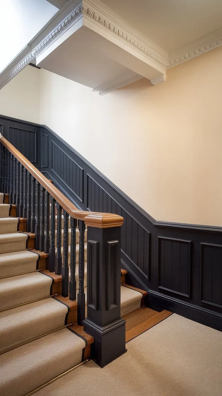 Dramatic elegance meets modern design in this accent stair wall. The black wainscoting staircase, complete with wood wall stairs and molding on the stairway wall, creates a stunning wall feature staircase. This stairwell design ideas showcases the perfect wainscoting ideas stairway and a black staircase wall for a staircase walls makeover.