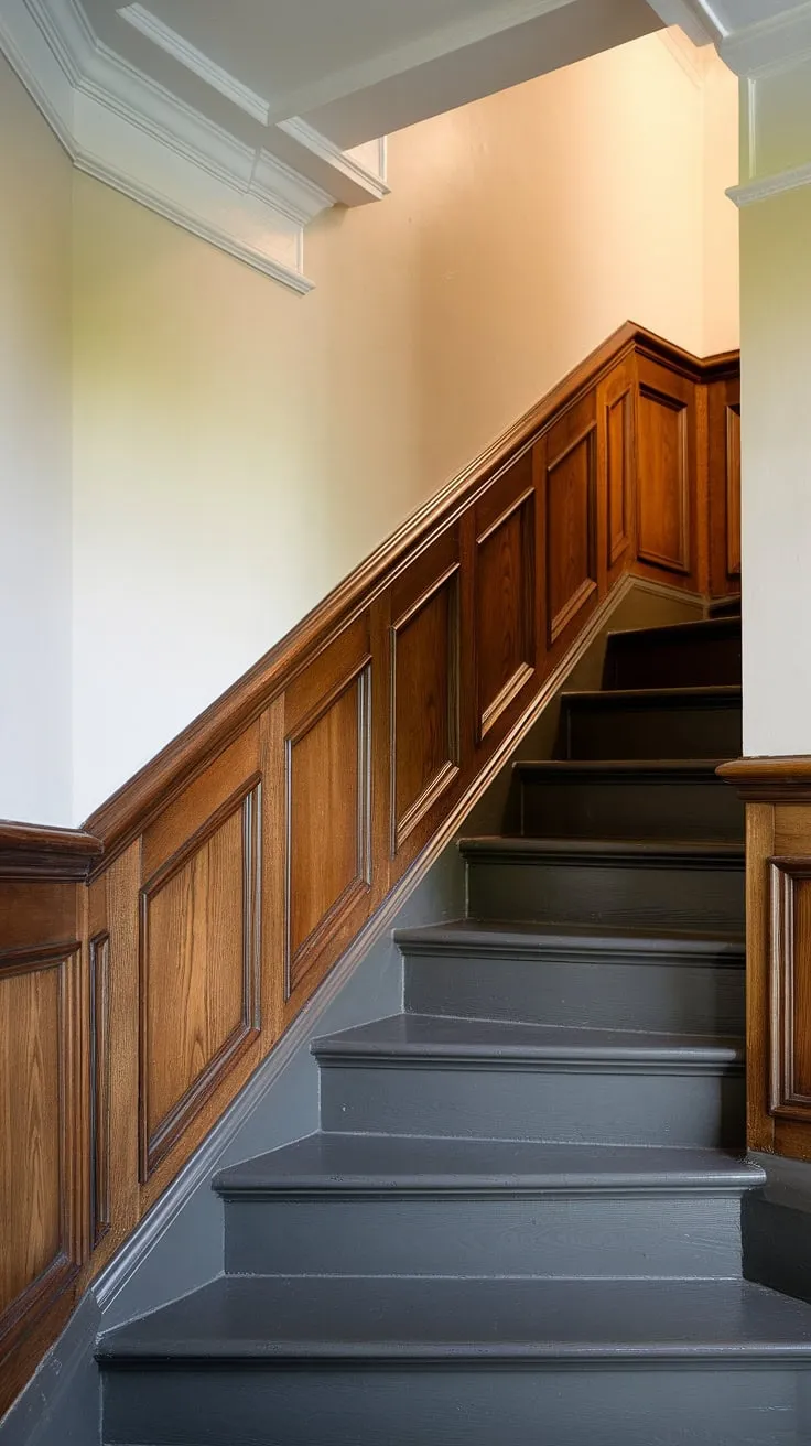 Bathed in warm light, this striking stairwell showcases a sophisticated black wainscoting staircase, a true statement piece. The wood wall stairs, complemented by crisp white upper walls and elegant molding on the stairway wall, create a stunning accent stair wall. This wall feature staircase offers endless wainscoting ideas stairway and is a prime example of stairwell design ideas and staircase walls makeover. The dark grey stairs add a touch of modern elegance to this beautifully executed design.