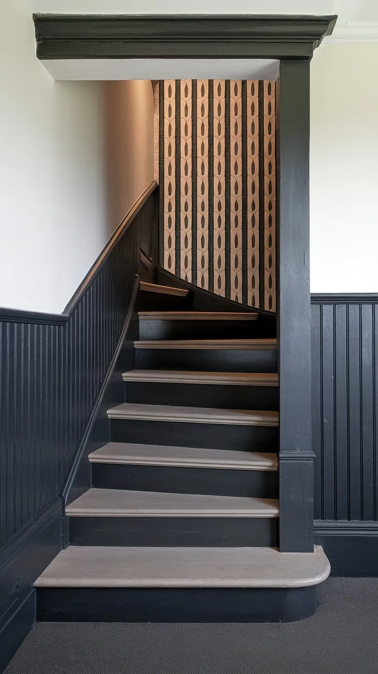 The black staircase wall, featuring a striking black wainscoting staircase, is the centerpiece of this sophisticated stairwell design. The dark wood paneling below the white wall, complemented by the molding on the stairway wall, adds depth and richness. The opposite wall's geometric accent wall provides a captivating contrast to the wood wall stairs, offering inspiring stairwell design ideas. This elegant staircase walls makeover demonstrates creative wainscoting ideas stairway and elevates the entire space.