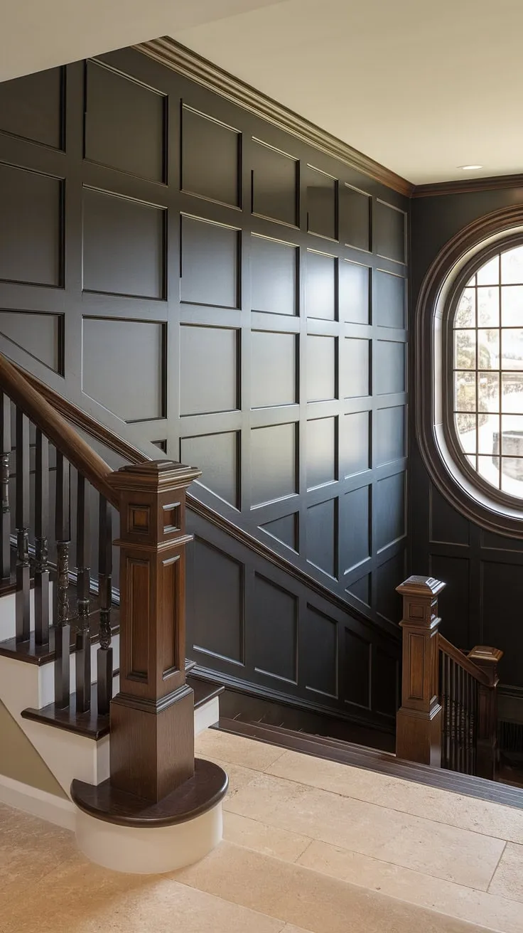 Wainscoting ideas stairway? This black staircase wall is the perfect example! The dramatic black wainscoting staircase and wood banister make for a breathtaking staircase walls makeover.