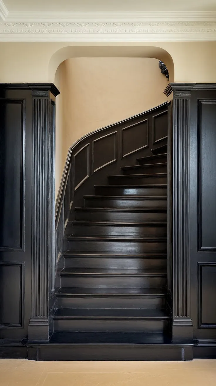 The elegant black wainscoting staircase, a stunning wall feature staircase, commands attention. The glossy wood wall stairs are a showstopper, enhanced by the decorative molding on the stairway wall, creating a sophisticated stairwell design ideas. This accent stair wall is a perfect example of wainscoting ideas stairway, transforming a simple stairwell into a design masterpiece. The beige flooring complements the black staircase wall perfectly, showcasing a truly remarkable staircase walls makeover.
