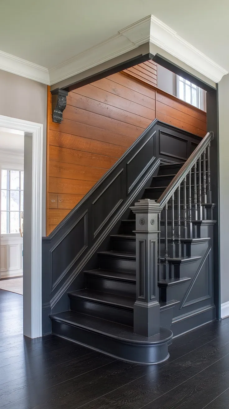 The black staircase wall, a striking black wainscoting staircase, anchors this impressive stairwell. The wood wall stairs are beautifully complemented by the detailed molding on the stairway wall, creating a rich and textured accent stair wall. This project exemplifies creative stairwell design ideas and showcases the transformative power of a staircase walls makeover, offering inspiration for your own wainscoting ideas stairway.