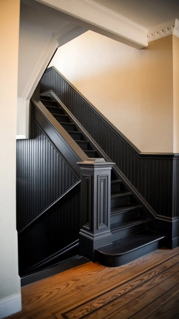 A captivating wall feature staircase, this wood wall stairs design showcases a black staircase wall with beautiful wainscoting ideas stairway. The accent stair wall, complete with molding on the stairway wall, elevates the entire stairwell design ideas. A perfect example of a staircase walls makeover.