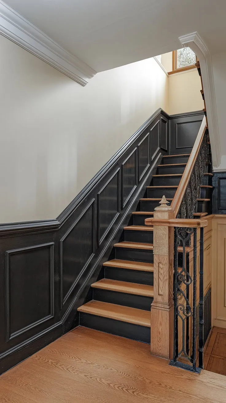 Sunlight streams into this elegant stairwell, highlighting the dramatic black wainscoting staircase. The rich wood wall stairs, complemented by white walls and intricate molding on the stairway wall, create a stunning wall feature staircase. This stairwell design ideas showcases sophisticated wainscoting ideas stairway, transforming a simple accent stair wall into a focal point. The wood paneling below the wainscoting adds warmth, while the decorative iron element atop the wooden railing completes the look.