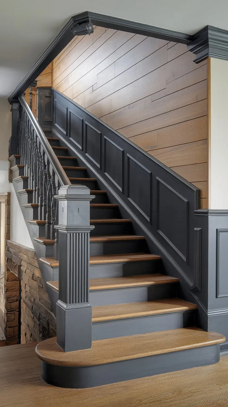A captivating blend of modern and classic design is achieved in this stairwell with its black wainscoting staircase. The wood wall stairs are beautifully complemented by the accent stair wall, all enhanced by the elegant molding on the stairway wall. This project exemplifies creative wainscoting ideas stairway and offers inspiring stairwell design ideas for a truly unique staircase walls makeover.