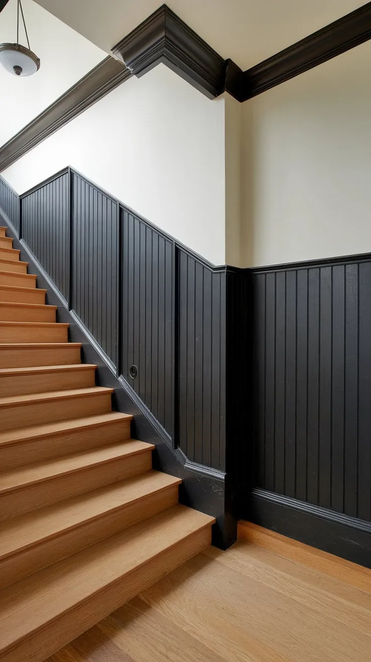 This accent stair wall, a stunning black wainscoting staircase, elevates the entire stairwell design. The molding on the stairway wall and wood wall stairs create a sophisticated wall feature staircase.