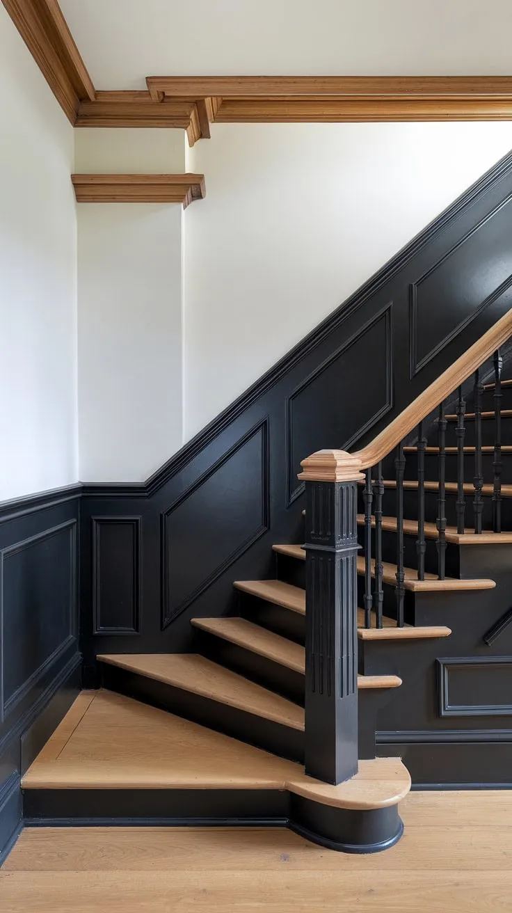 Dramatic elegance defined. This accent stair wall, a stunning black wainscoting staircase, transforms the stairwell design ideas with its wood wall stairs and molding on stairway wall. The wall feature staircase is a masterclass in wainscoting ideas stairway.