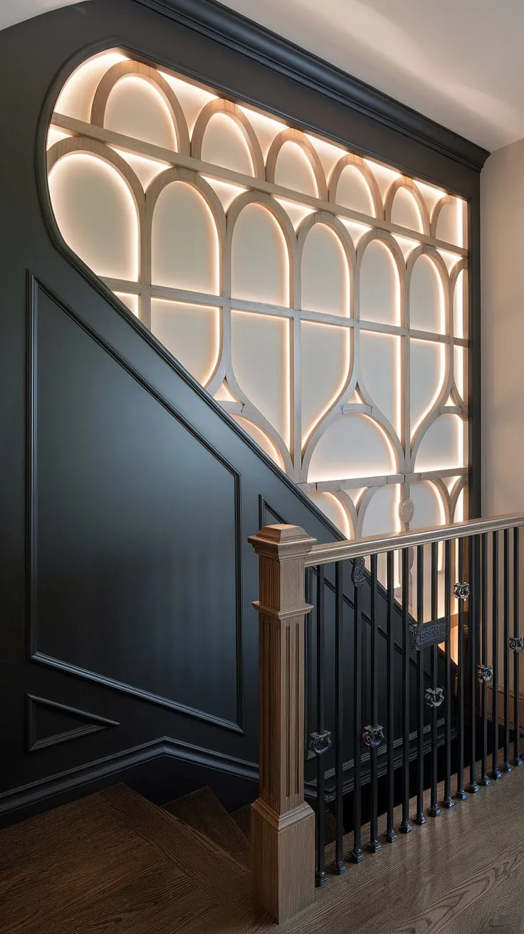 A dramatic staircase walls makeover is achieved with this black wainscoting staircase and its striking accent stair wall. The wood wall stairs feature a captivating curved geometric pattern, backlit for added impact. This wall feature staircase is a masterclass in stairwell design ideas, showcasing innovative wainscoting ideas stairway and elegant molding on stairway wall. The dark wood flooring and black metal balusters complete the sophisticated look.