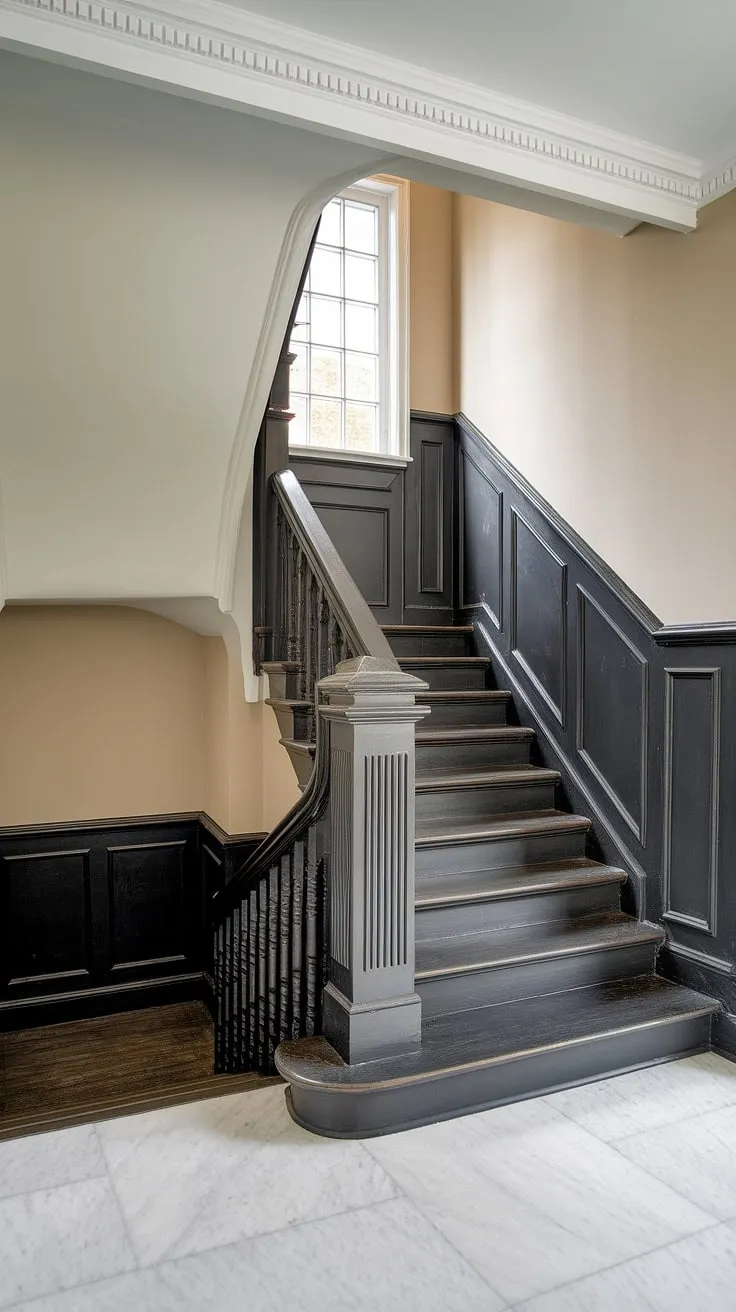 The black staircase wall, featuring rich black wainscoting extending to the ceiling, is a showstopper. This wood wall stairs design is a perfect example of wainscoting ideas stairway, creating a dramatic accent stair wall. The white baseboards and beige walls provide a calming contrast, while the molding on stairway wall adds architectural detail. Consider this for your next stairwell design ideas or staircase walls makeover.