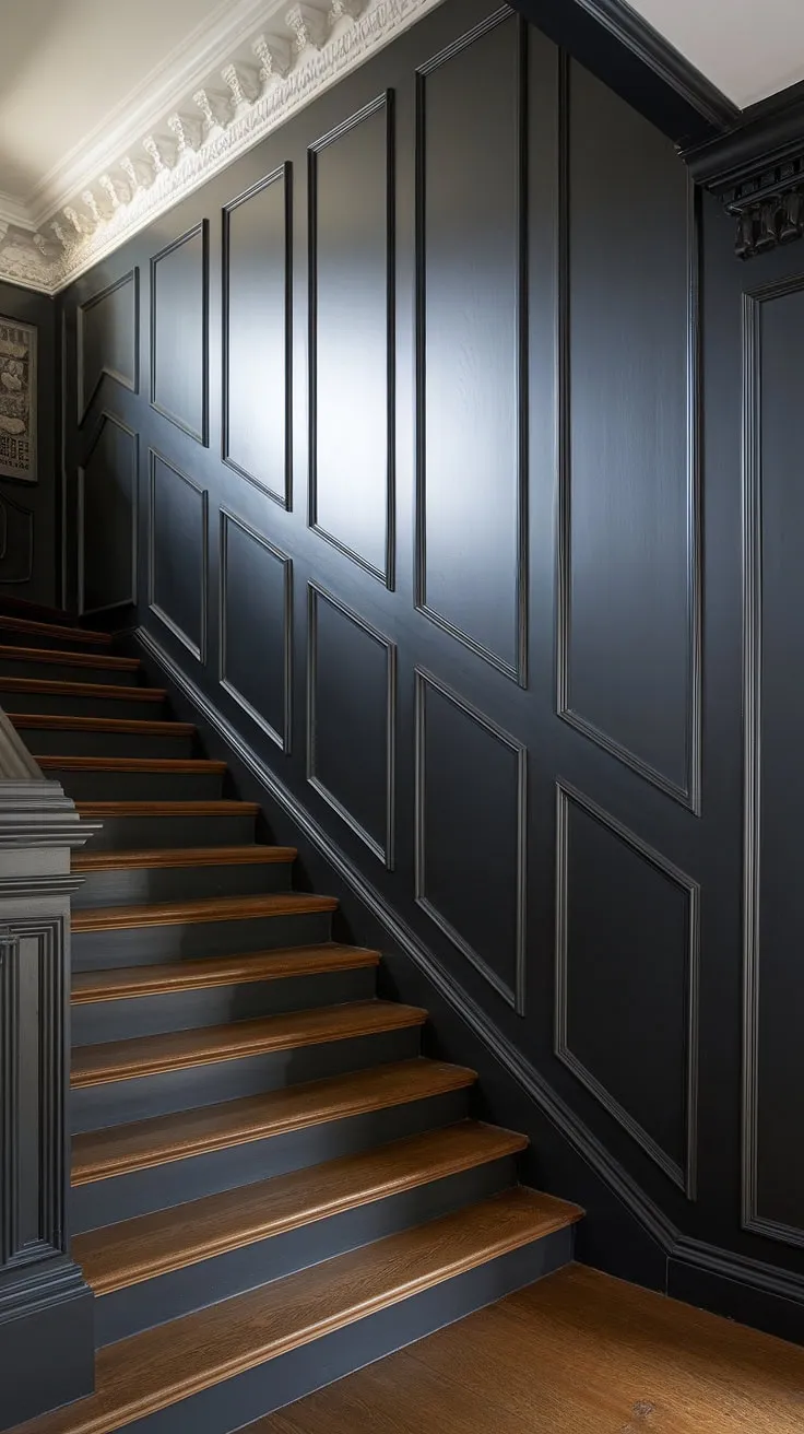 This wall feature staircase, with its black wainscoting staircase and wood wall stairs, is a stunning example of wainscoting ideas stairway and stairwell design ideas. The black staircase wall is a showstopper.