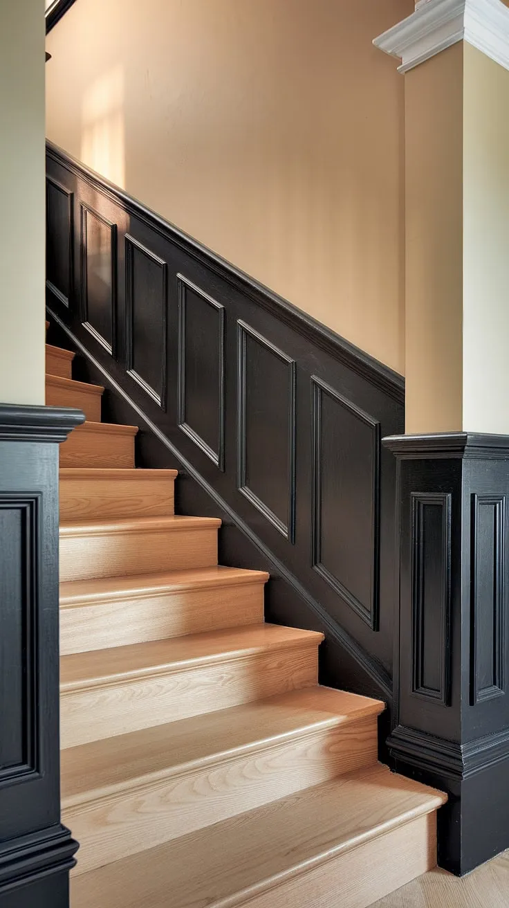 Warmth and elegance meet in this stunning stairwell, featuring an accent stair wall of rich wood and sophisticated black wainscoting staircase. The molding on stairway wall adds a touch of classic charm to this wall feature staircase, showcasing exceptional stairwell design ideas and wainscoting ideas stairway.