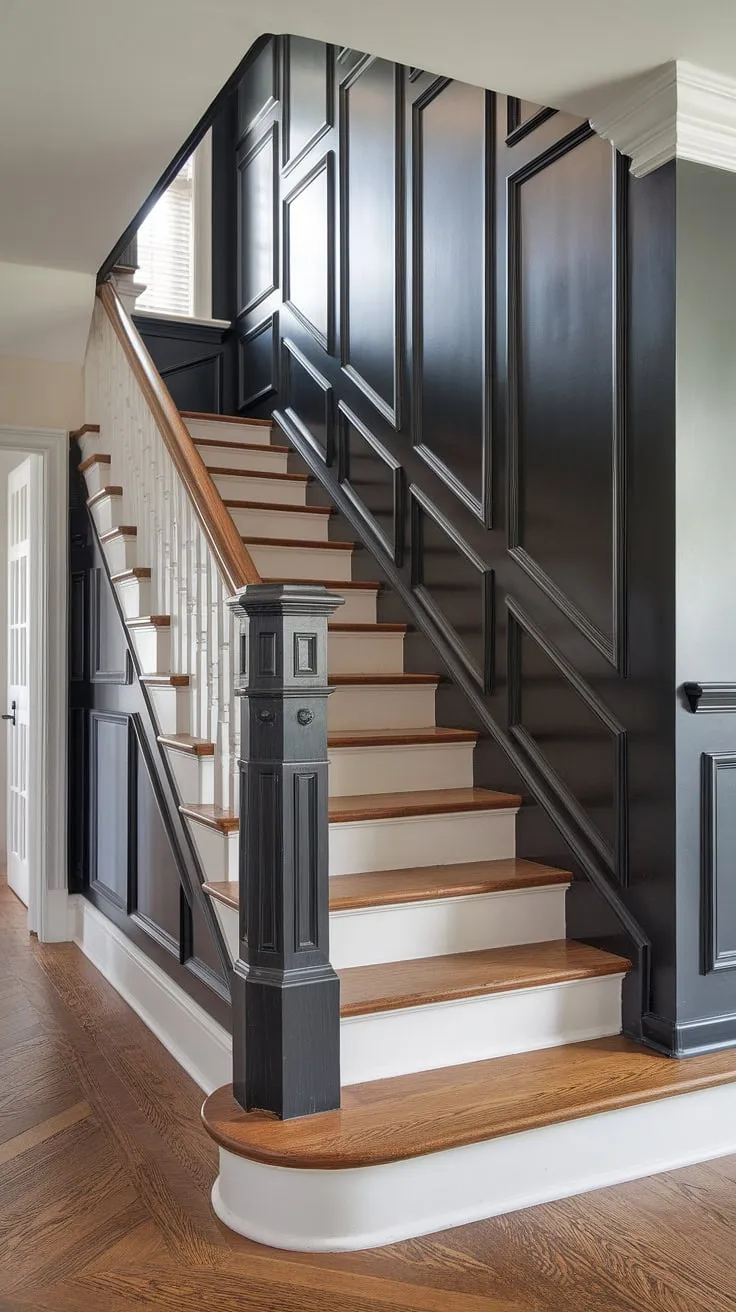 The elegant black wainscoting staircase is the centerpiece of this stunning home.  The wall feature staircase, with its rich wood accent stair wall and detailed molding on the stairway wall, offers a sophisticated take on wainscoting ideas stairway, transforming the space with a breathtaking black staircase wall.